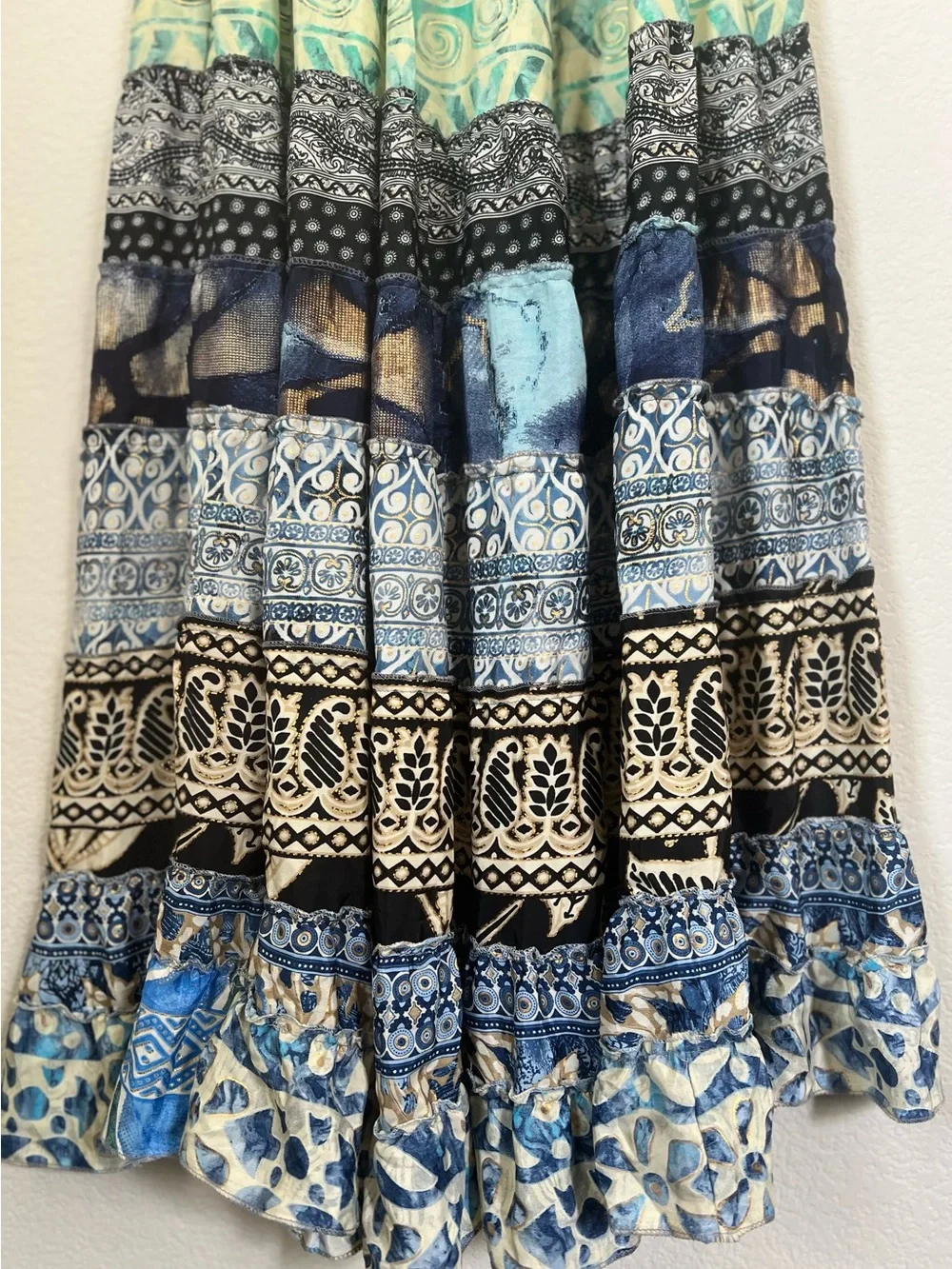 Recycled Silk Blend Floral Patchwork Tiered Ruffle Skirt Free Size Gypsy Boho